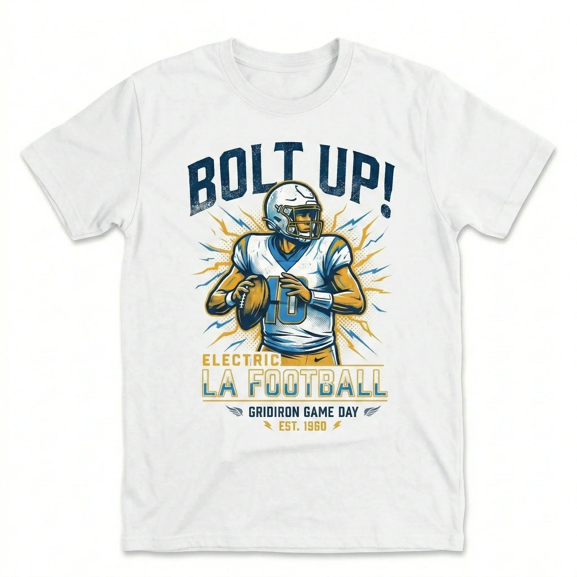 White t-shirt featuring a football player with helmet and the text 'Bolt Up! Electric LA Football'.