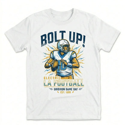 White t-shirt featuring a football player with helmet and the text 'Bolt Up! Electric LA Football'.