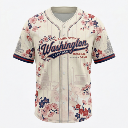 Capital City Heritage Baseball Jersey Unisex | D.C. Cherry Blossom AOP Button-Up Shirt