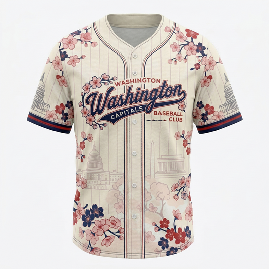 Capital City Heritage Baseball Jersey Unisex | D.C. Cherry Blossom AOP Button-Up Shirt
