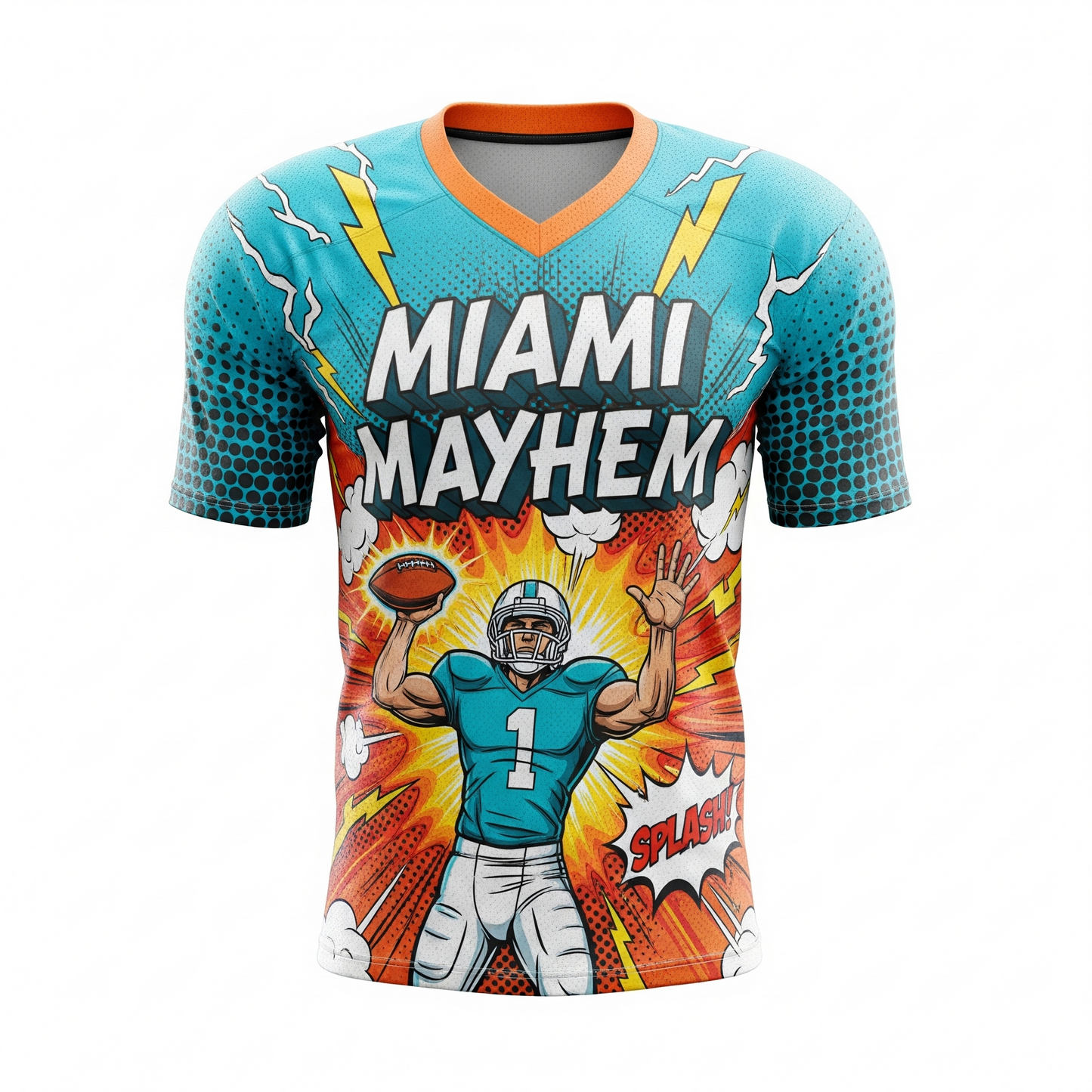 Vintage South Beach Football Comic Vibe AOP Jersey - Aqua Orange Gridiron Humor Shirt