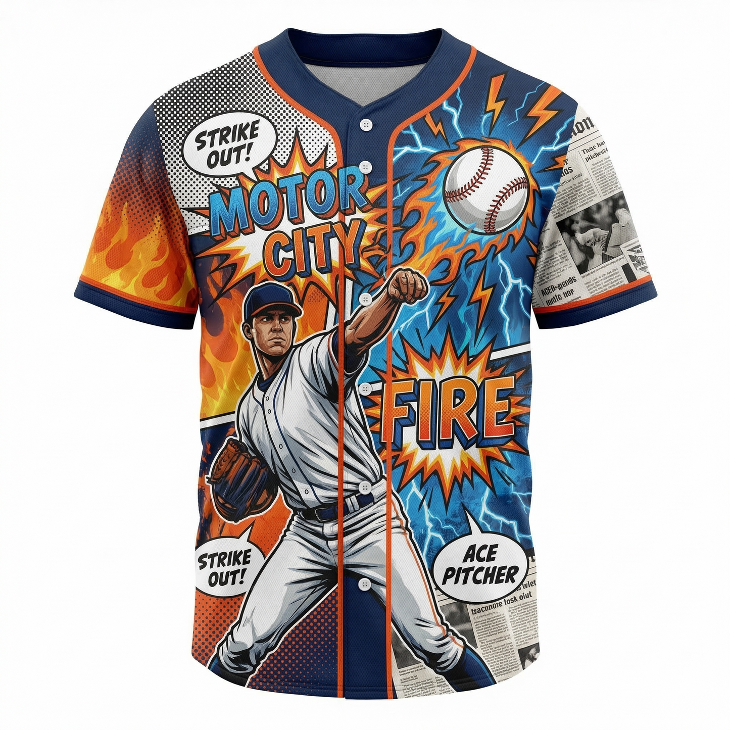 Unisex Motor City Baseball Button-Up Jersey - Dynamic Comic Pitcher Graphic AOP