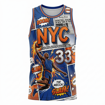 New York City Basketball Fan All-over-print AOP Unisex Tank Top Jersey, Comic Book Style, Orange & Blue, Moisture-Wicking Mesh Shirt