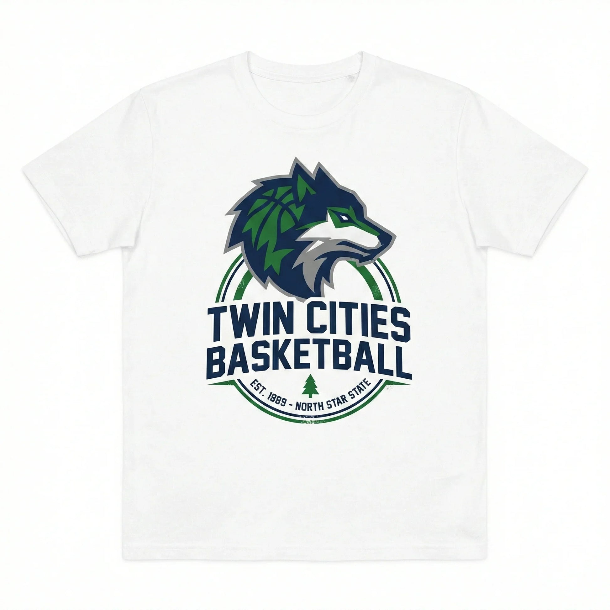White t-shirt with blue and green wolf graphic and 'Twin Cities Basketball' text