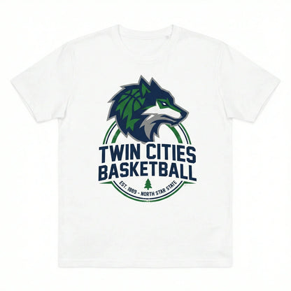 White t-shirt with blue and green wolf graphic and 'Twin Cities Basketball' text