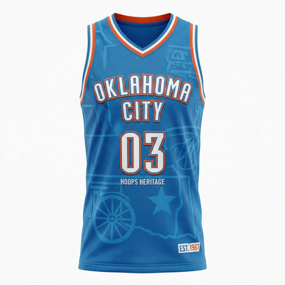 OKC Heritage Basketball Jersey - High-End Hoops Fan Apparel - Unisex Blue/Orange