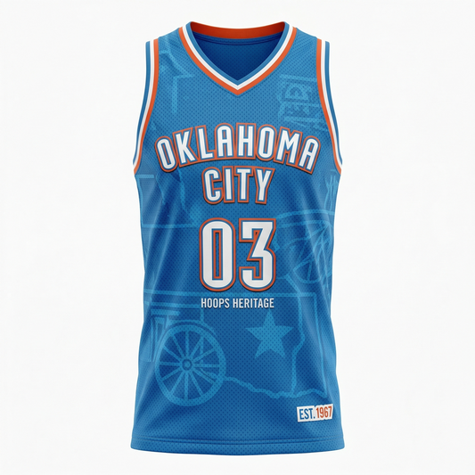 OKC Heritage Basketball Jersey - High-End Hoops Fan Apparel - Unisex Blue/Orange