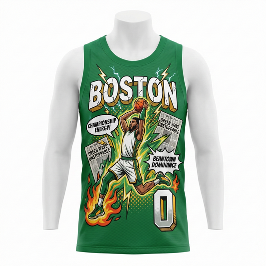 Boston Green City Hoops Comic Art AOP Basketball Jersey - 90s Bootleg Retro Graphic Men's Tank Top