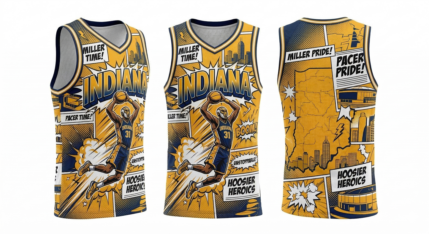 Unisex Indianapolis Basketball Heritage Comic Art All-Over Print Jersey Tank Top - Gold & Blue Pacers Inspired Hype Gear