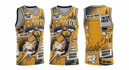 Unisex Indianapolis Basketball Heritage Comic Art All-Over Print Jersey Tank Top - Gold & Blue Pacers Inspired Hype Gear