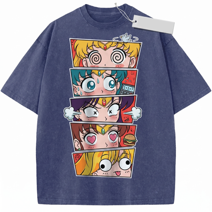Magical Girl Eyes Retro Graphic Tee - Vintage Wash 90s Anime Aesthetic Heavyweight Cotton Unisex T-shirt
