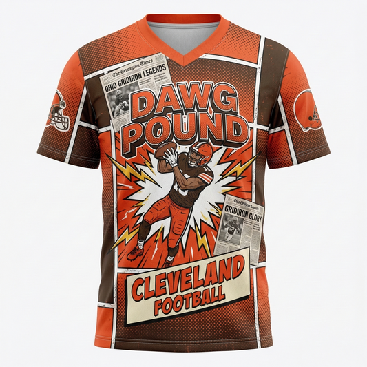 Premium Cleveland Dawg Gridiron Comic Style AOP Football Jersey - Orange & Brown Tailgate Shirt