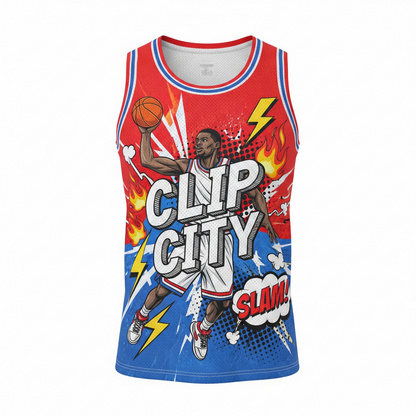 Custom Los Angeles Basketball Tank Top Jersey - Dynamic Comic Book Art Style AOP - Clip City Heritage Fan Apparel Unisex Red Blue