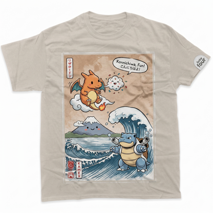 Japanese Retro Monster Wave Graphic Tee - Vintage Fire Dragon vs Water Turtle Anime Apparel - Unisex T-shirt