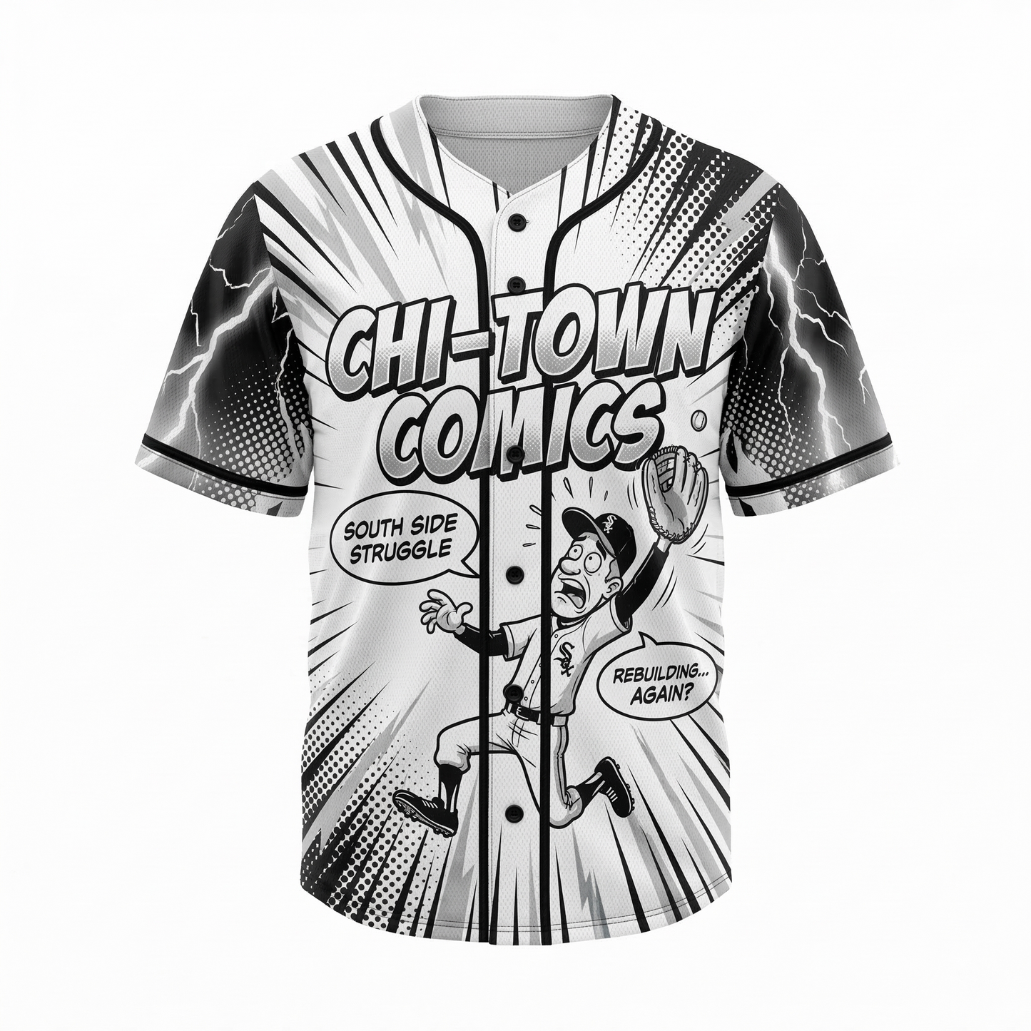 Unisex Chicago South Side Baseball Button-Up Jersey - Satirical Comic Style AOP Fan Shirt