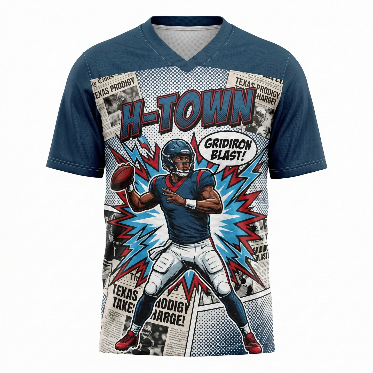 H-Town Gridiron Comic Style Football Jersey | 90s Bootleg Texas Blue & Red All-Over Print Shirt