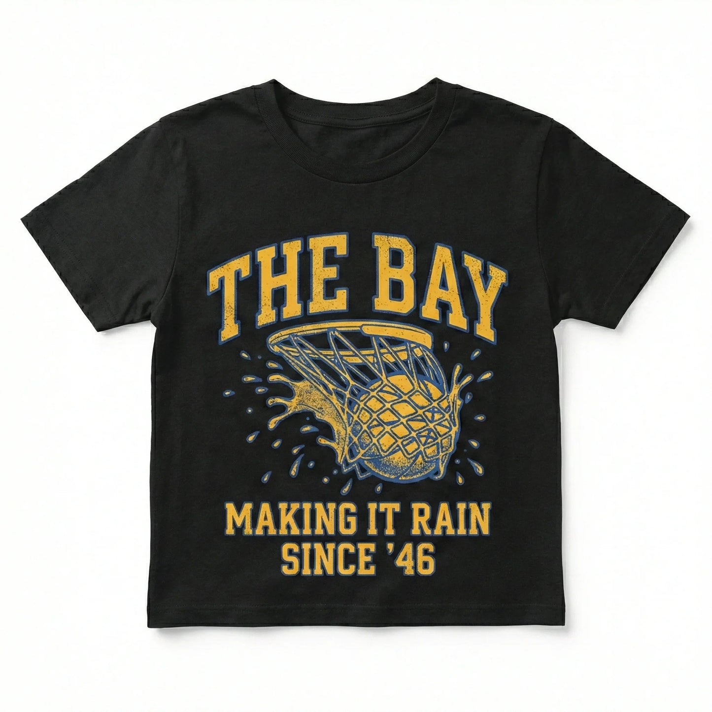 Black t-shirt with yellow basketball net graphic and text 'The Bay Making It Rain Since '46'.