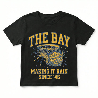 Black t-shirt with yellow basketball net graphic and text 'The Bay Making It Rain Since '46'.