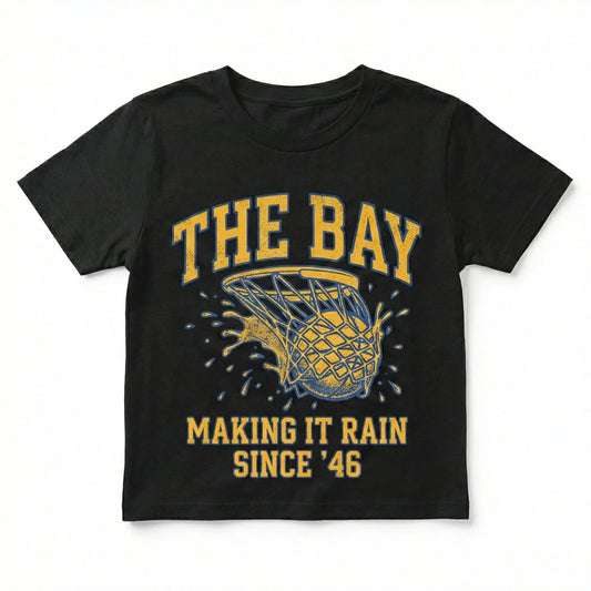 Black t-shirt with yellow basketball net graphic and text 'The Bay Making It Rain Since '46'.