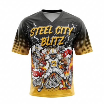 Steel City Blitz Gridiron Comic Style V-Neck Football Jersey | 90s Bootleg Black and Gold Football Shirt