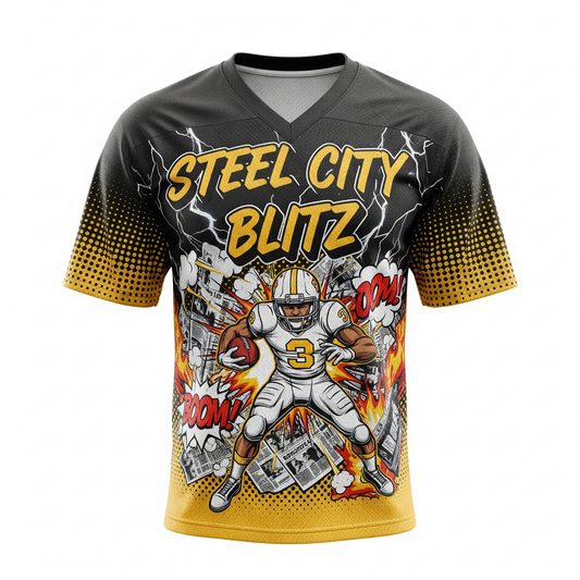 Steel City Blitz Gridiron Comic Style V-Neck Football Jersey | 90s Bootleg Black and Gold Football Shirt
