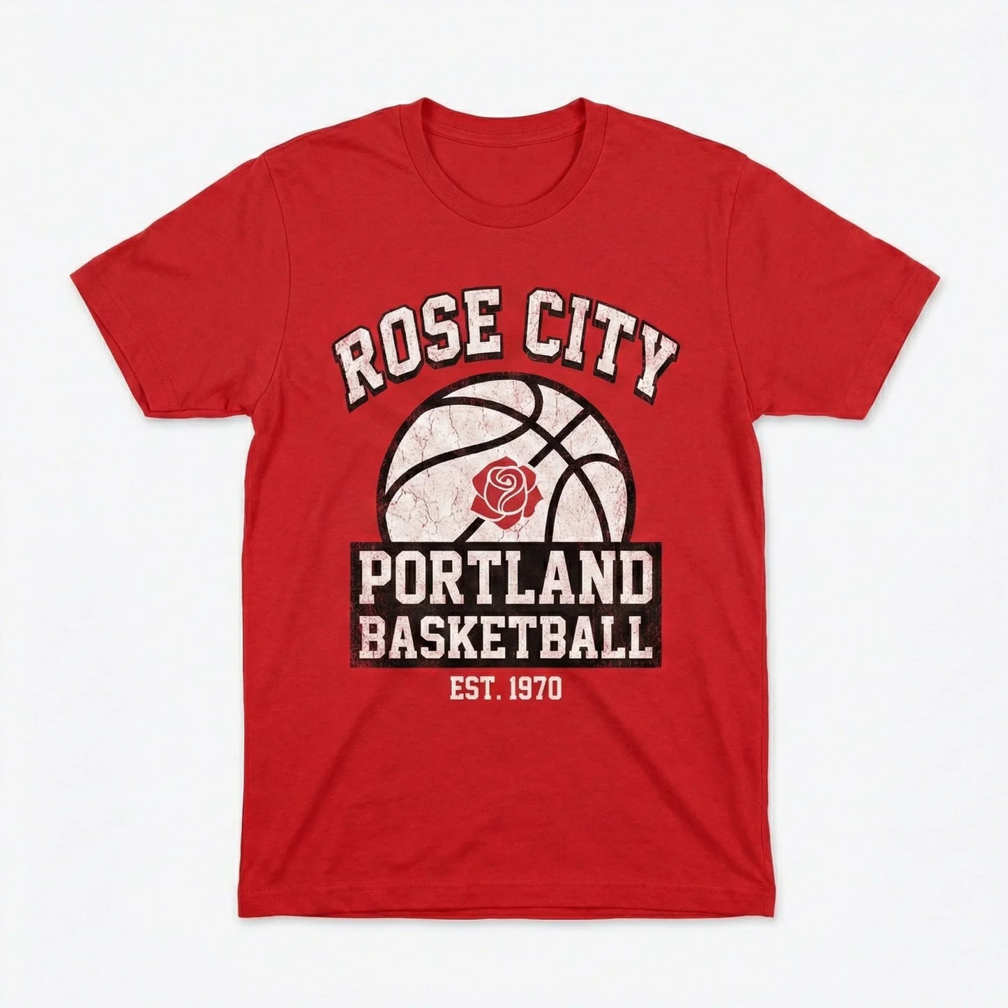Red Rose City Portland basketball t-shirt with vintage graphic and white text