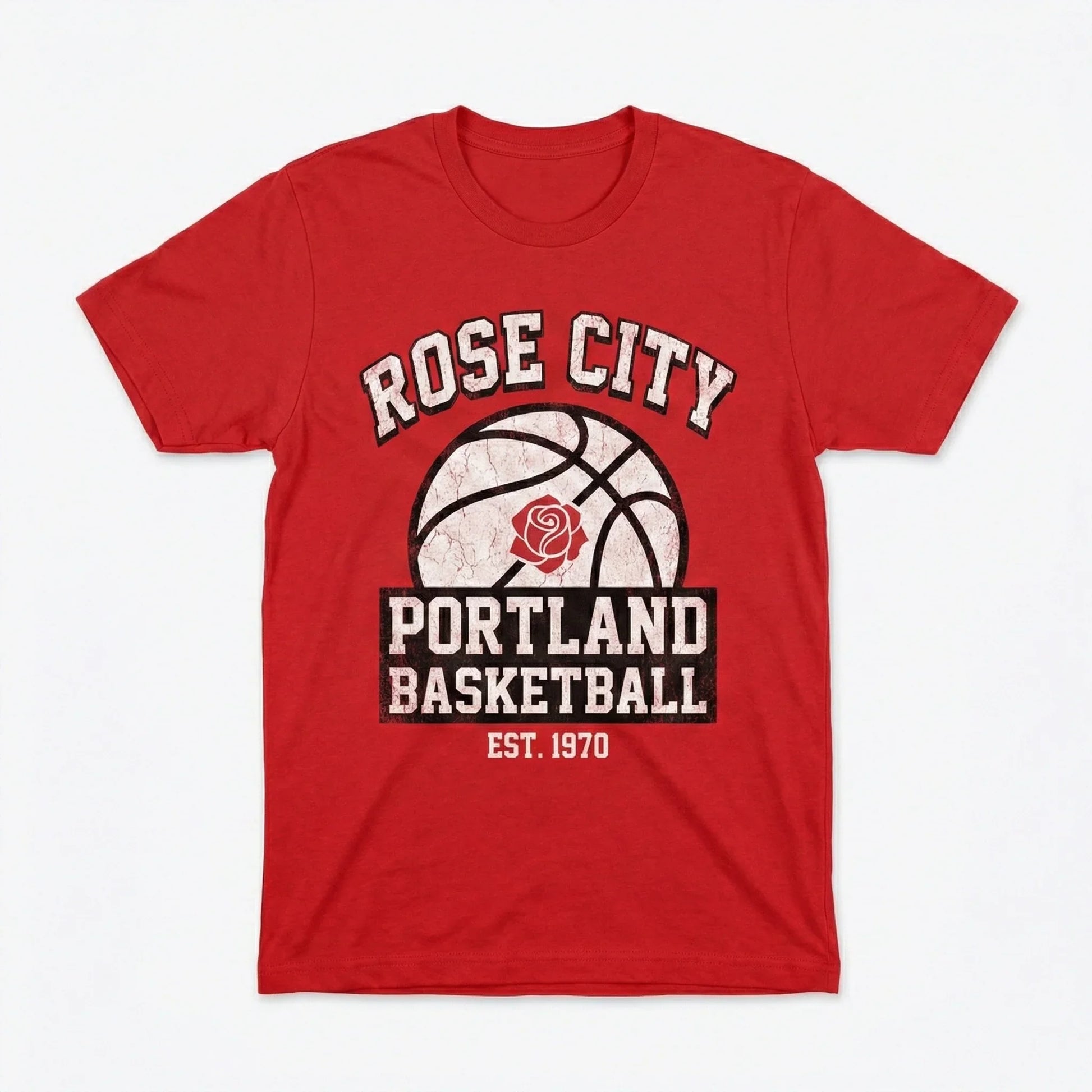 Red Rose City Portland basketball t-shirt with vintage graphic and white text