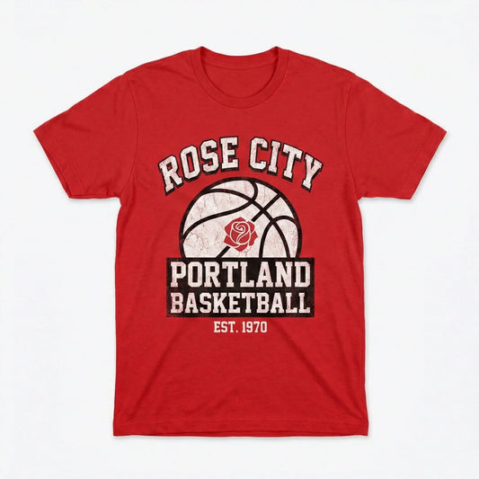 Red Rose City Portland basketball t-shirt with vintage graphic and white text