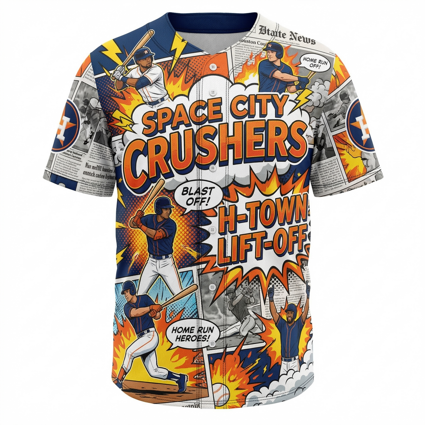 Unisex Space City Baseball Jersey - H-Town Dynamic Comic Style AOP Button-Up Shirt