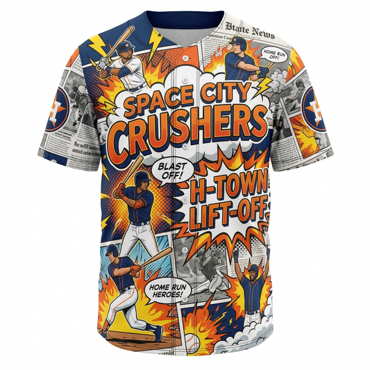 Unisex Space City Baseball Jersey - H-Town Dynamic Comic Style AOP Button-Up Shirt