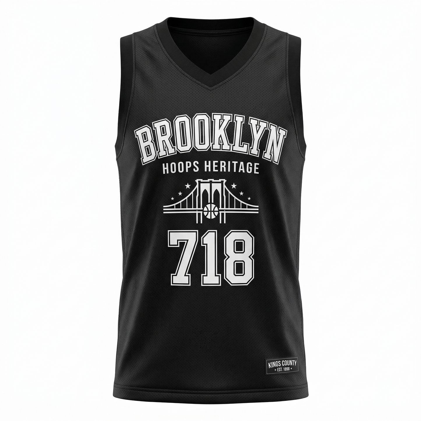 Premium Brooklyn Hoops Heritage AOP Basketball Jersey - Unisex Kings County Black & White Sleeveless Top