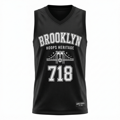 Premium Brooklyn Hoops Heritage AOP Basketball Jersey - Unisex Kings County Black & White Sleeveless Top
