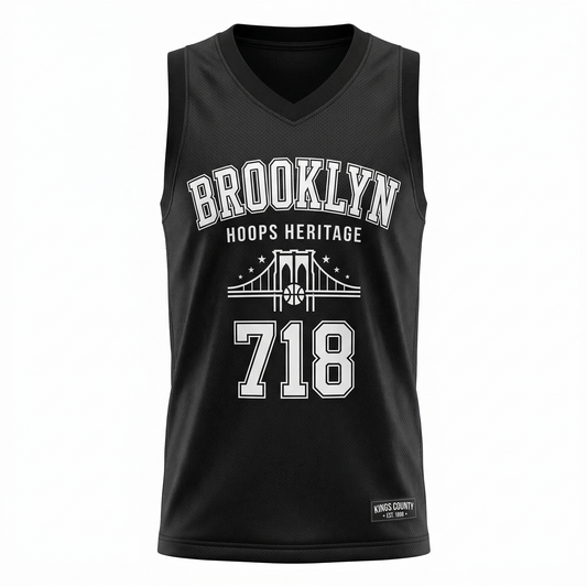 Premium Brooklyn Hoops Heritage AOP Basketball Jersey - Unisex Kings County Black & White Sleeveless Top