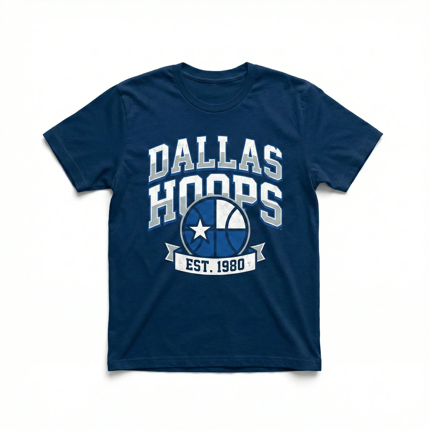 Navy blue Dallas Hoops t-shirt with basketball graphic and 'Est. 1980' text