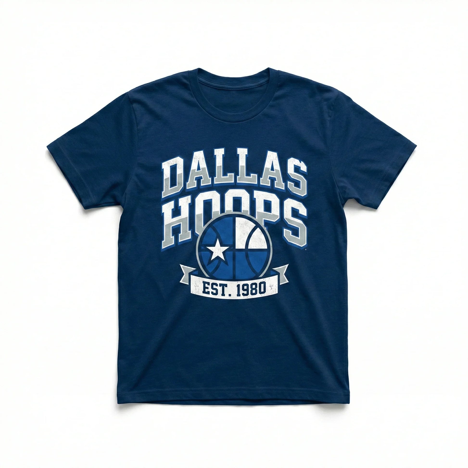 Navy blue Dallas Hoops t-shirt with basketball graphic and 'Est. 1980' text