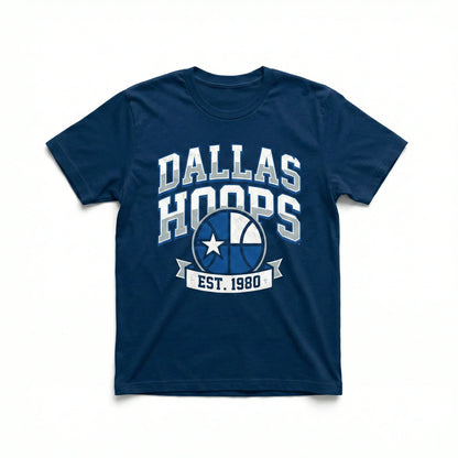 Navy blue Dallas Hoops t-shirt with basketball graphic and 'Est. 1980' text