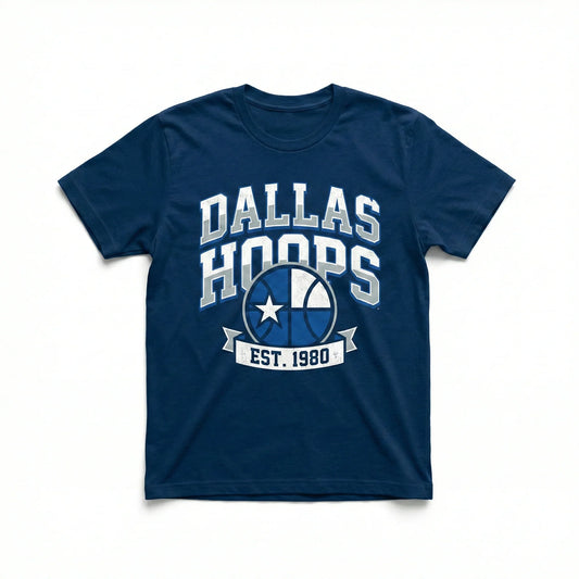 Navy blue Dallas Hoops t-shirt with basketball graphic and 'Est. 1980' text