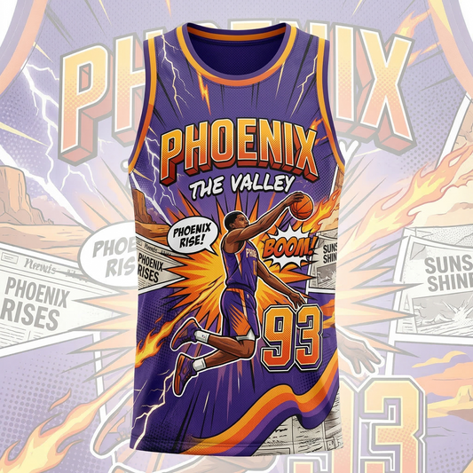 Phoenix Heritage "Valley Hoops" Comic Book Style Basketball Jersey - Purple/Orange Unisex AOP Fan Apparel
