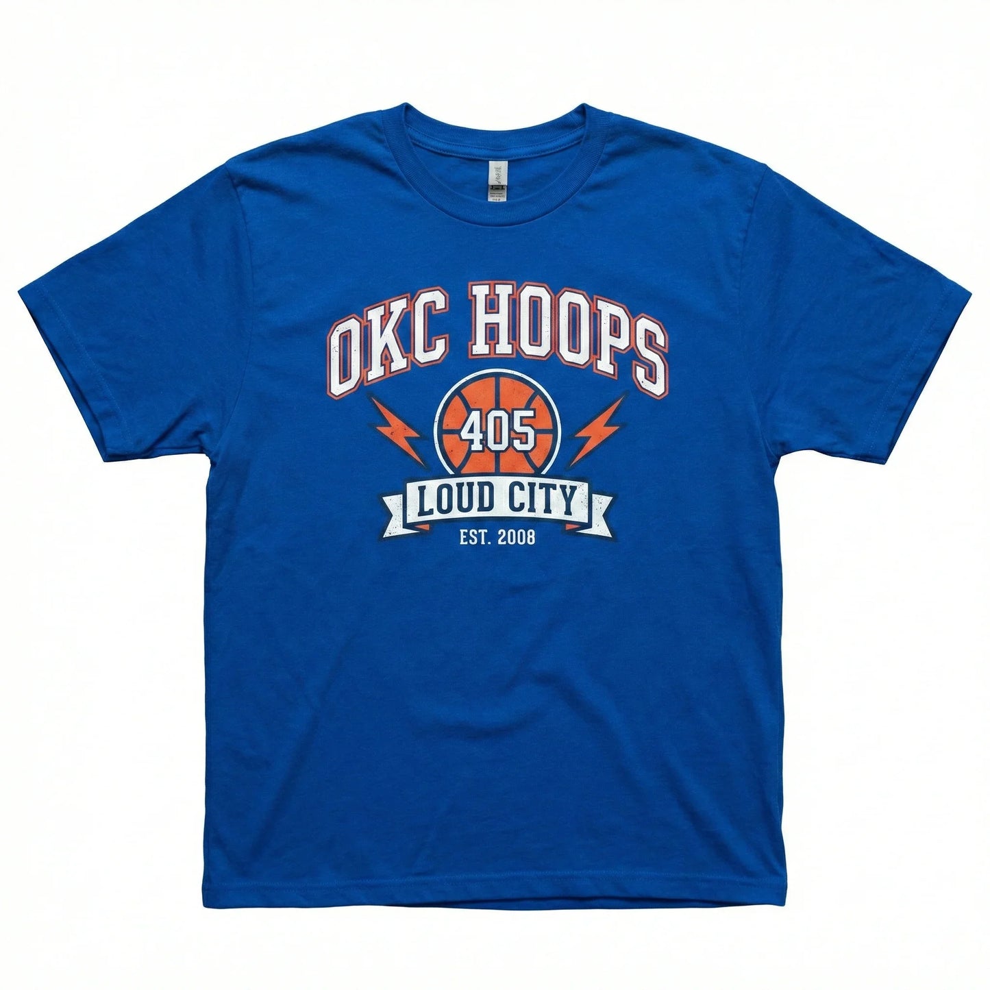 Blue OKC Hoops t-shirt with basketball graphic, 405 Loud City logo and text, casual wear.