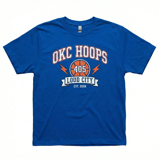 Blue OKC Hoops t-shirt with basketball graphic, 405 Loud City logo and text, casual wear.