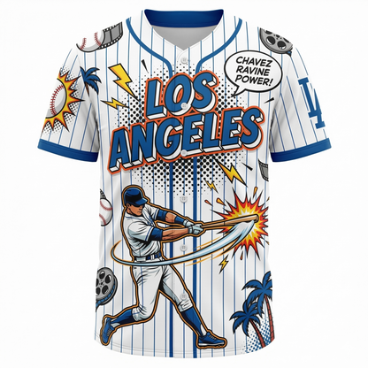 Vintage Los Angeles Blue Baseball Jersey - 90s Comic Book Style All-Over Print - Chavez Ravine Heritage Button-Up Shirt