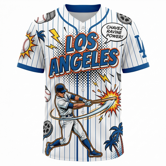 Vintage Los Angeles Blue Baseball Jersey - 90s Comic Book Style All-Over Print - Chavez Ravine Heritage Button-Up Shirt