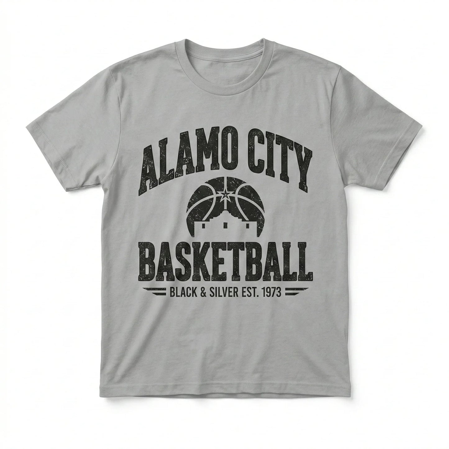 Gray t-shirt with Alamo City Basketball black print, vintage sporty design