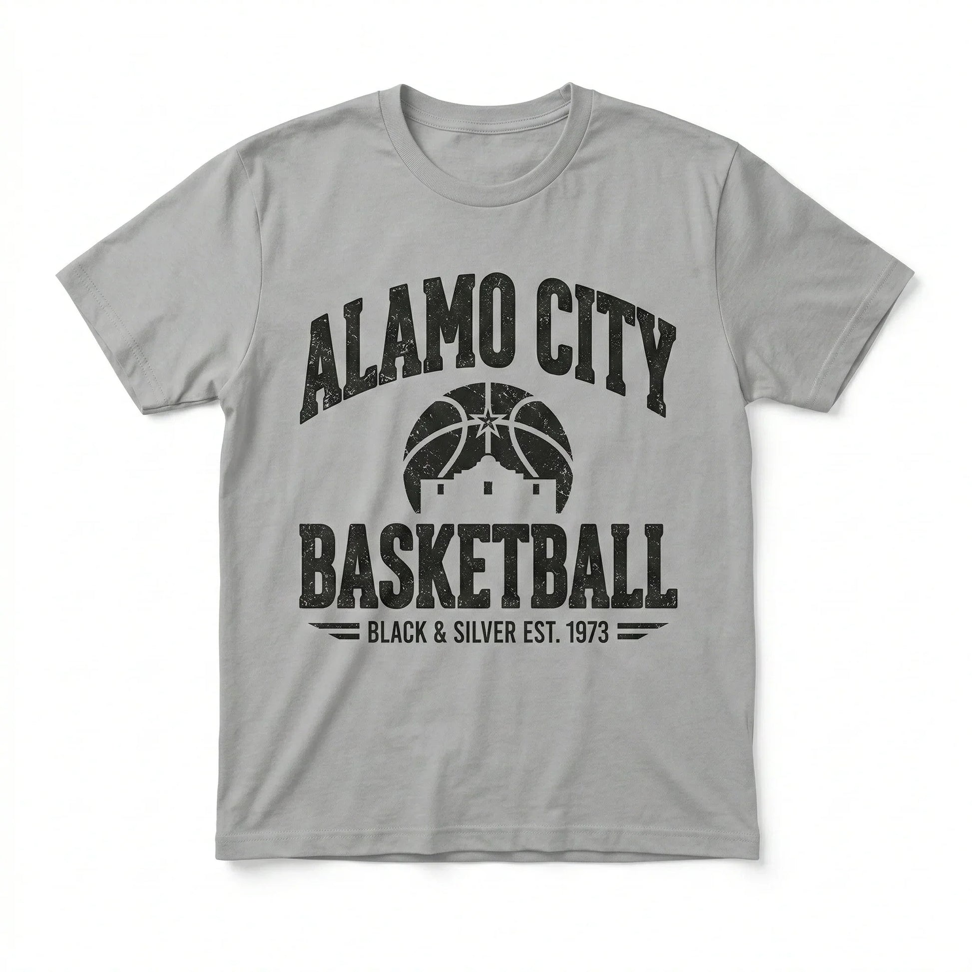 Gray t-shirt with Alamo City Basketball black print, vintage sporty design