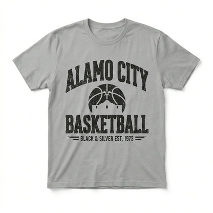 Gray t-shirt with Alamo City Basketball black print, vintage sporty design