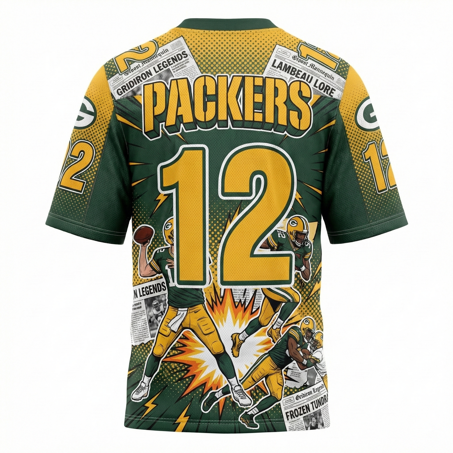 Green Gold Titletown Gridiron Comic AOP Football Jersey - 90s Bootleg Hype Gameday Apparel