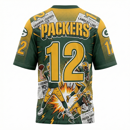 Green Gold Titletown Gridiron Comic AOP Football Jersey - 90s Bootleg Hype Gameday Apparel
