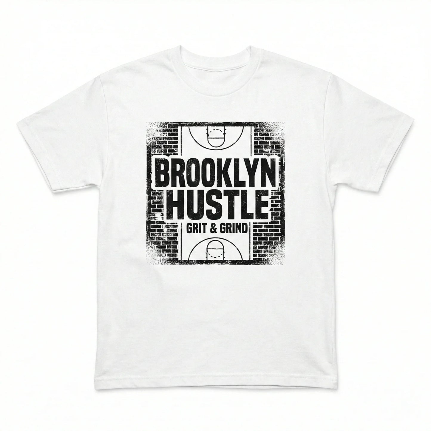 White t-shirt with Brooklyn Hustle Grit & Grind graphic and basketball court design
