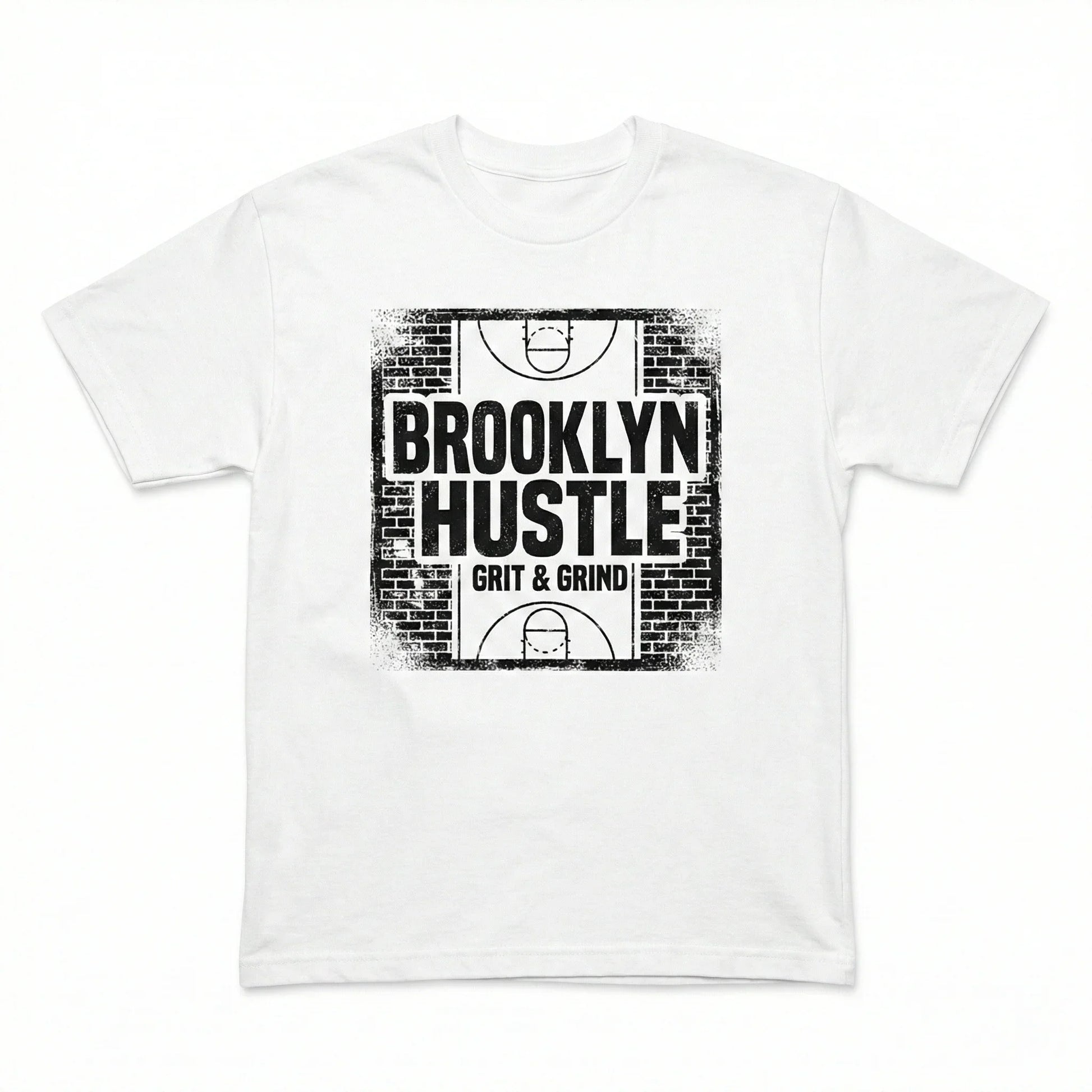 White t-shirt with Brooklyn Hustle Grit & Grind graphic and basketball court design