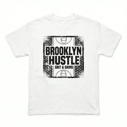 White t-shirt with Brooklyn Hustle Grit & Grind graphic and basketball court design